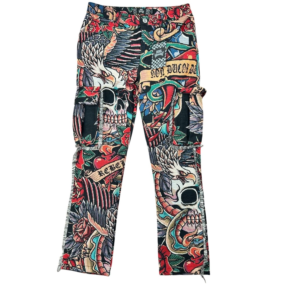 Rebel Vengeance Men Tapestry Cargo Pants Tattoo Skull Rose Woven Graphic Size 32